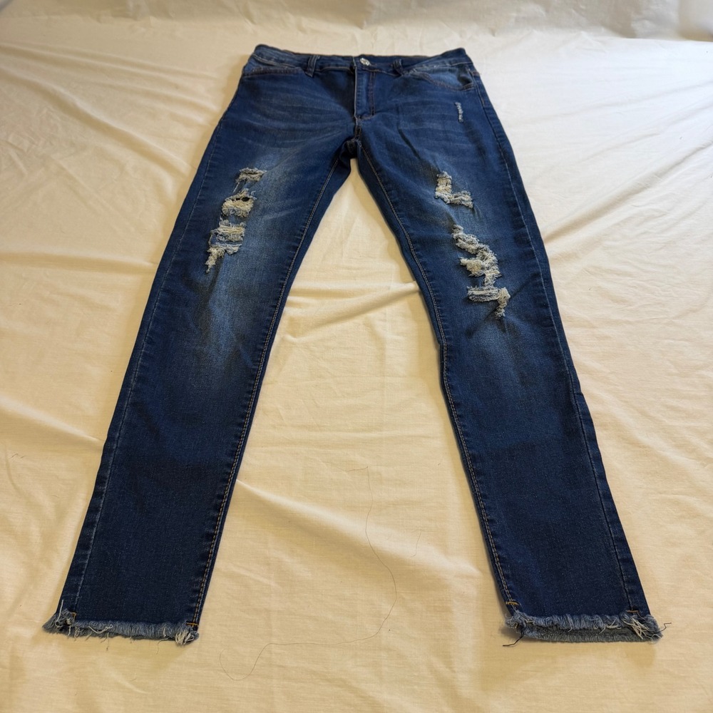 SHEIN Distressed Skinny Jeans Dark Wash Frayed Raw Hem Blue Denim Size 6 M